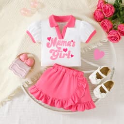 0-3 Year Baby Girl Set Rose Red Letter Printed Top Ruffled Irregular Design Half Skirt 2Pcs/ Set, Toddler Summer Fashion Set