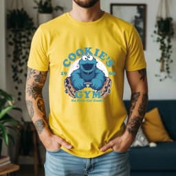 2026 Summer 100% Cotton Cookie’s Gym Graphic Oversized Tee Cookie Monster 1966 Retro Funny Cartoon Themed Short Sleeve