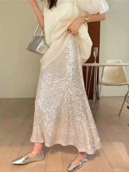 Shiny Sequin Fish Tail Skirt Women's High Waist Mid-Length Slimming A-Line Wraparound Skirt Elegant Trendy Half Body Skirt