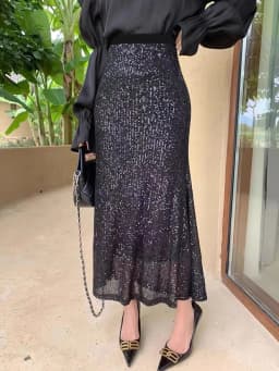 Shiny Sequin Fish Tail Skirt Women's High Waist Mid-Length Slimming A-Line Wraparound Skirt Elegant Trendy Half Body Skirt