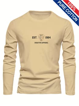 Men's 100% Pure Cotton Loose and Comfortable Casual Sports THE ORIGINALS Letter Printed Round Neck Long Sleeved T-Shirt Top