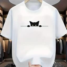 Korean Style Cute Peeking Black Cat Print T-Shirt Minimalist Casual Short Sleeve Top for Men Women Retro Street Style Versatile