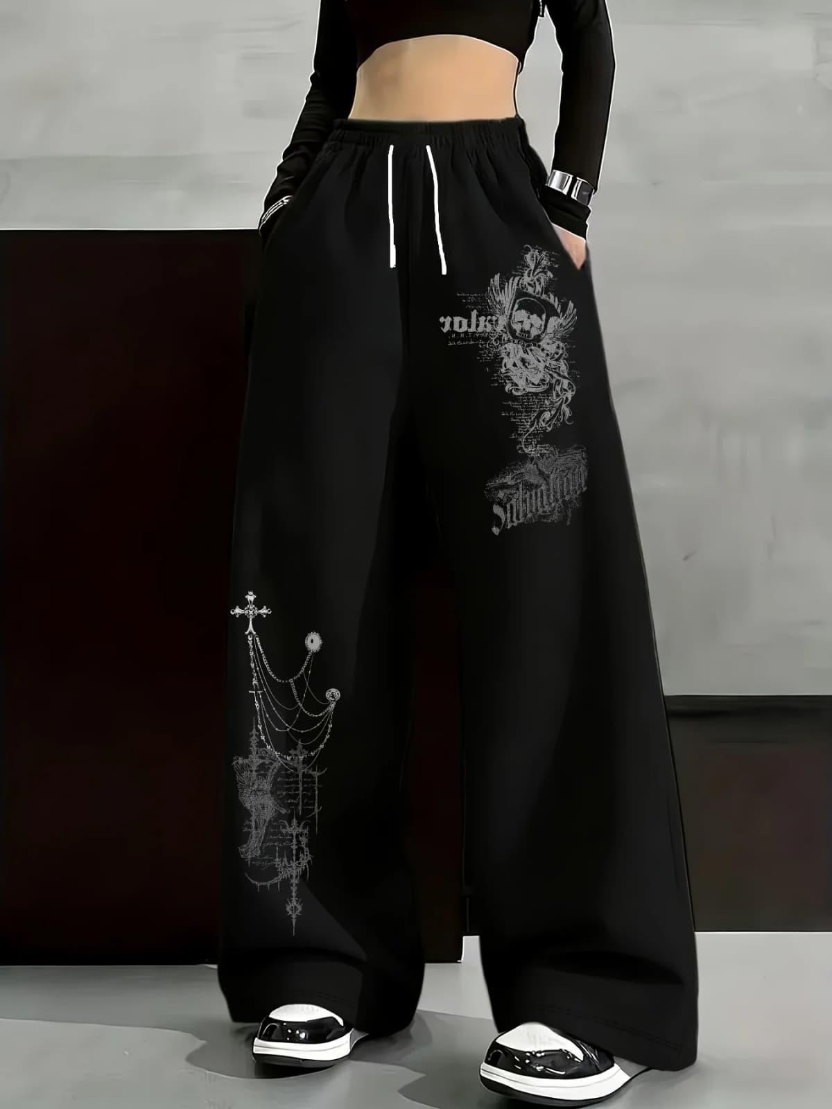 22026 Summer Kids Fast Dry Loose Pants Black Grey Gothic Skull & Cross Print Drawstring Elastic Waist Casual Streetwear Trousers