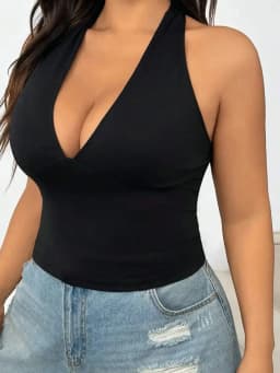 Plus Size Women's Halter Neck Deep V Crop Top Sleeveless Backless Top