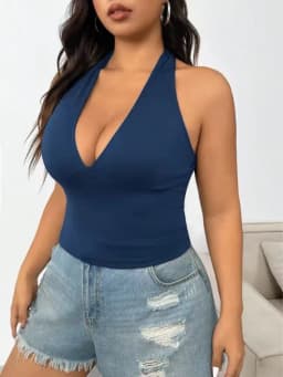 Plus Size Women's Halter Neck Deep V Crop Top Sleeveless Backless Top