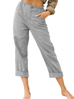 2026 Boho Linen Blend Cropped Pants for Women High Elastic Waist Button Fly Rolled Hem Trousers with Side Pockets