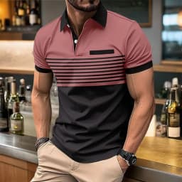 European and American Men's Summer Fashion Simple Striped Print Comfortable Breathable Polo Short Sleeved T-Shirt Outdoor Casual