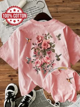 100% Cotton Women'S Floral with Bird Print T-Shirt Casual Round Neck Short Sleeve Tee Flowers Vintage Design Ladies T Shirts