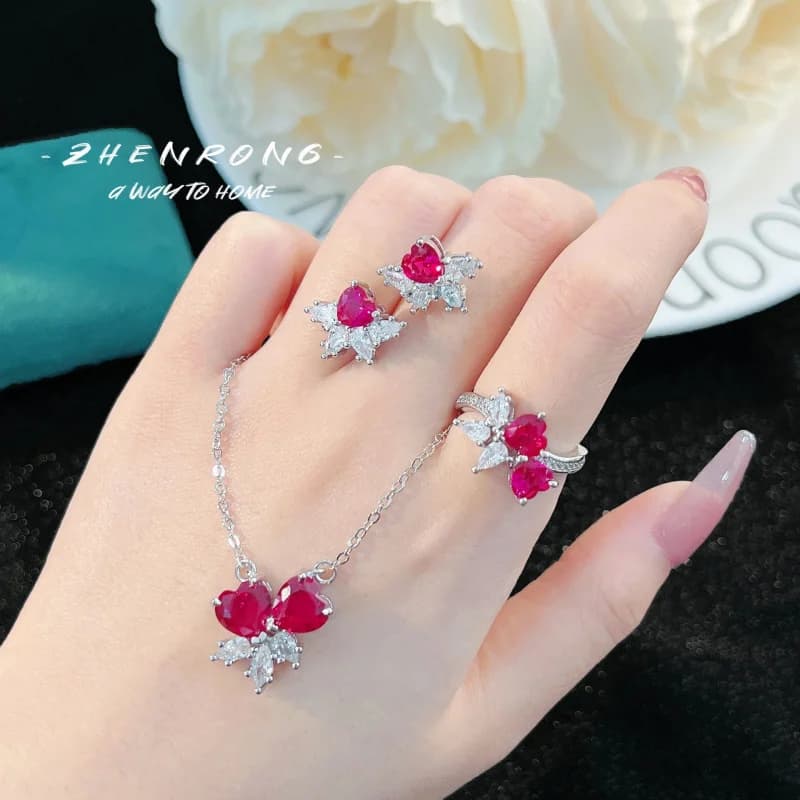 925 Pure Silver Red Ruby Heart-Shaped Jewelry Set Exquisite Luxury Wedding Gift