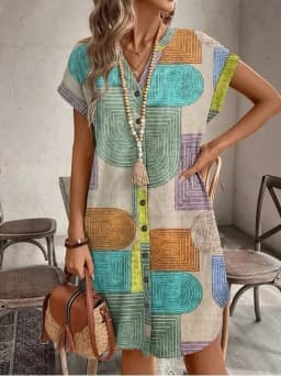 European and American women's clothing foreign summer geometric printing elegant V-neck button up dress
