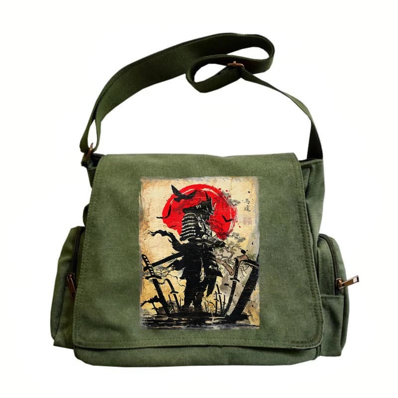 Retro Mens Messenger Bag Canvas Samurai Print Large Capacity Laptop Bag Daily Shoulder Crossbody Bag