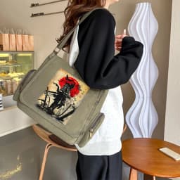 Retro Mens Messenger Bag Canvas Samurai Print Large Capacity Laptop Bag Daily Shoulder Crossbody Bag