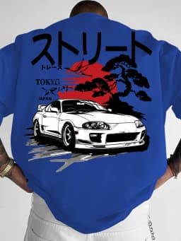 Oversized Vintage Japanese T‑Shirt Men Streetwear Retro Race Car Landscape Back Print Graphic Tee Crew Neck Short Sleeve Tops