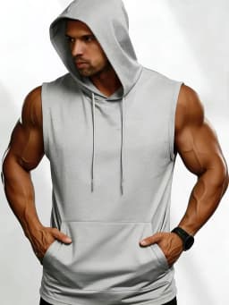 2026 Summer Men's Solid White Sleeveless Hoodie Vest, Polyester Gym Workout Hooded Tank Top with Kangaroo Pocket
