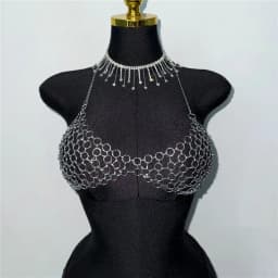Chic Metal Chain Design Women Camisole Sexy Hollow Out V Neck Backless Halter Neck See Through Tank Top Rave Festival Crop Top