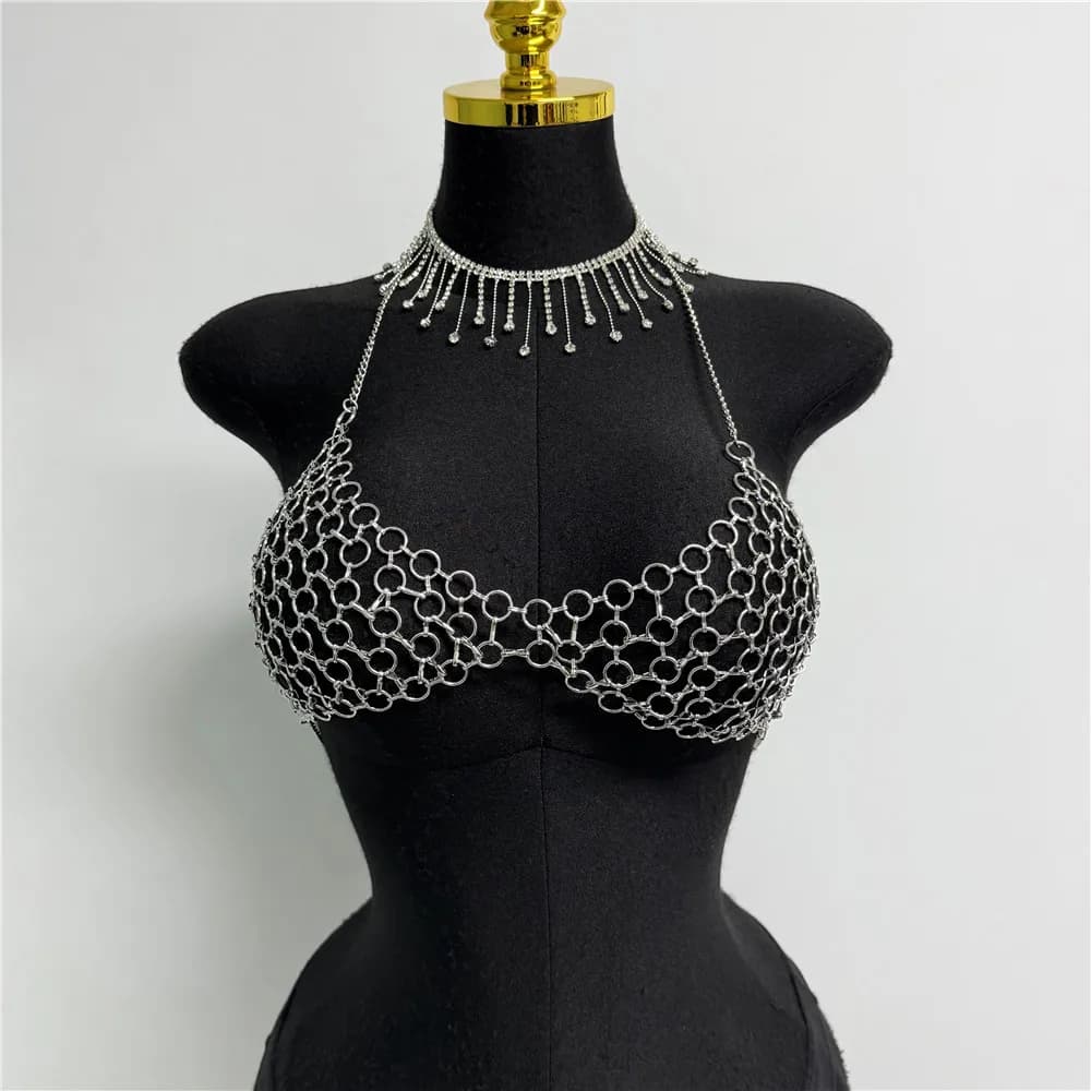 Chic Metal Chain Design Women Camisole Sexy Hollow Out V Neck Backless Halter Neck See Through Tank Top Rave Festival Crop Top