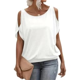 Women Cold Shoulder Short Sleeve T Shirts Back Tie Knot Loose Casual Solid White Blouse Summer Soft Tee Tops