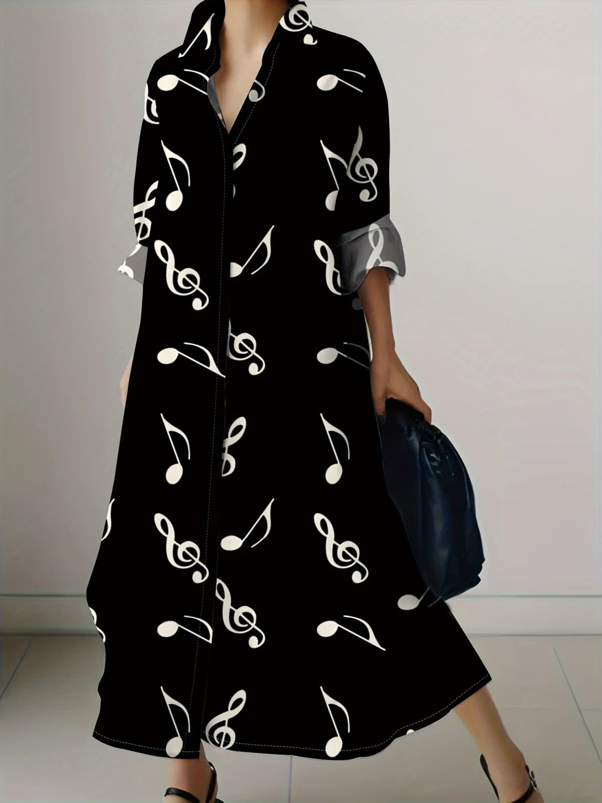 Women's Long Sleeve Button Down Midi Dress with Music Note Print Vacation Style Casual Summer Dress for Ladies