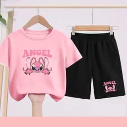 Children's Set - Girls' Purple and Pink, Boys' Blue Printed Cartoon and Anime Pattern Sports T-shirts, Suitable for Daily Wear