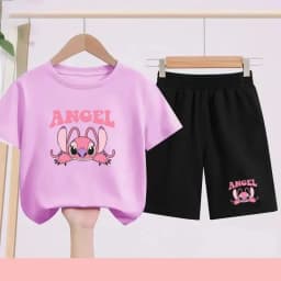 Children's Set - Girls' Purple and Pink, Boys' Blue Printed Cartoon and Anime Pattern Sports T-shirts, Suitable for Daily Wear