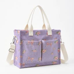 Pink Rose & Bow Print Corduroy Tote Bag Large Capacity Multi Pocket Commuter Shoulder Bag