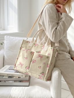 Pink Rose & Bow Print Corduroy Tote Bag Large Capacity Multi Pocket Commuter Shoulder Bag