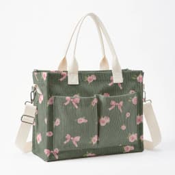 Pink Rose & Bow Print Corduroy Tote Bag Large Capacity Multi Pocket Commuter Shoulder Bag