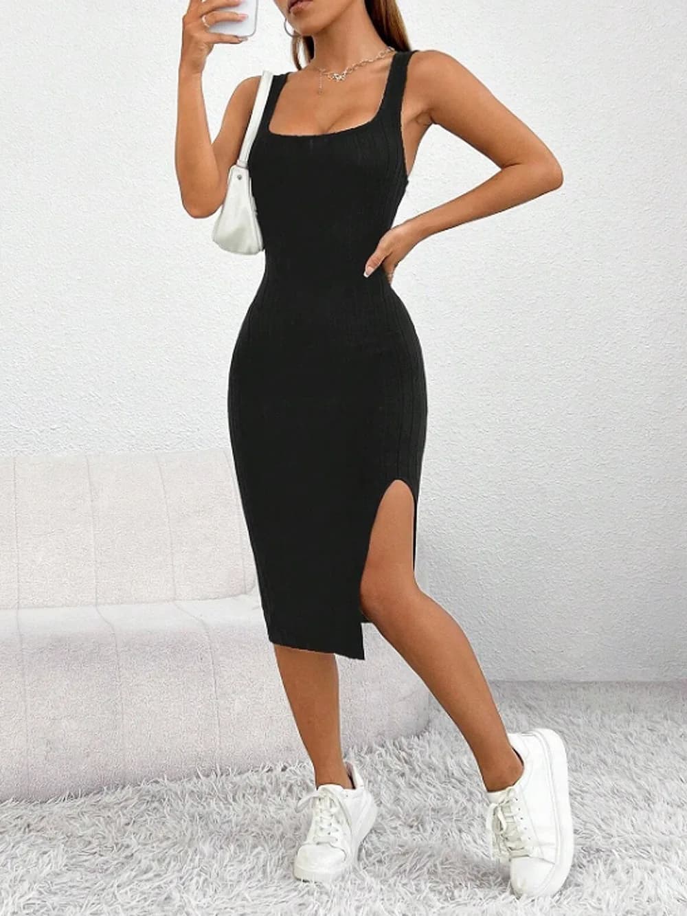 Spring/Summer Solid-Colour Striped Slit Flared Skirt Dress, Fitted Tank Dress for Women