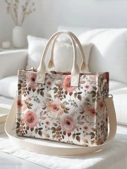 Watercolor Pink Rose Print Corduroy Tote Bag Large Capacity Multi Pocket Floral Lover Commuter Shoulder Bag