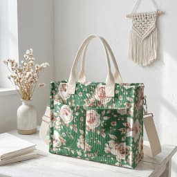 Watercolor Pink Rose Print Corduroy Tote Bag Large Capacity Multi Pocket Floral Lover Commuter Shoulder Bag