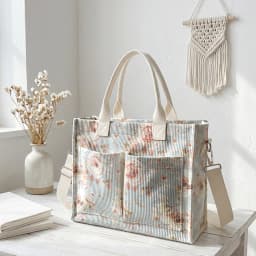 Watercolor Pink Rose Print Corduroy Tote Bag Large Capacity Multi Pocket Floral Lover Commuter Shoulder Bag