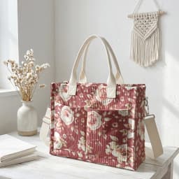Watercolor Pink Rose Print Corduroy Tote Bag Large Capacity Multi Pocket Floral Lover Commuter Shoulder Bag