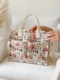Watercolor Pink Rose Print Corduroy Tote Bag Large Capacity Multi Pocket Floral Lover Commuter Shoulder Bag