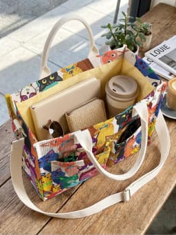 Colorful Cartoon Cats Print Corduroy Tote Bag Large Capacity Multi Pocket Cat Lover Commuter Shoulder Bag