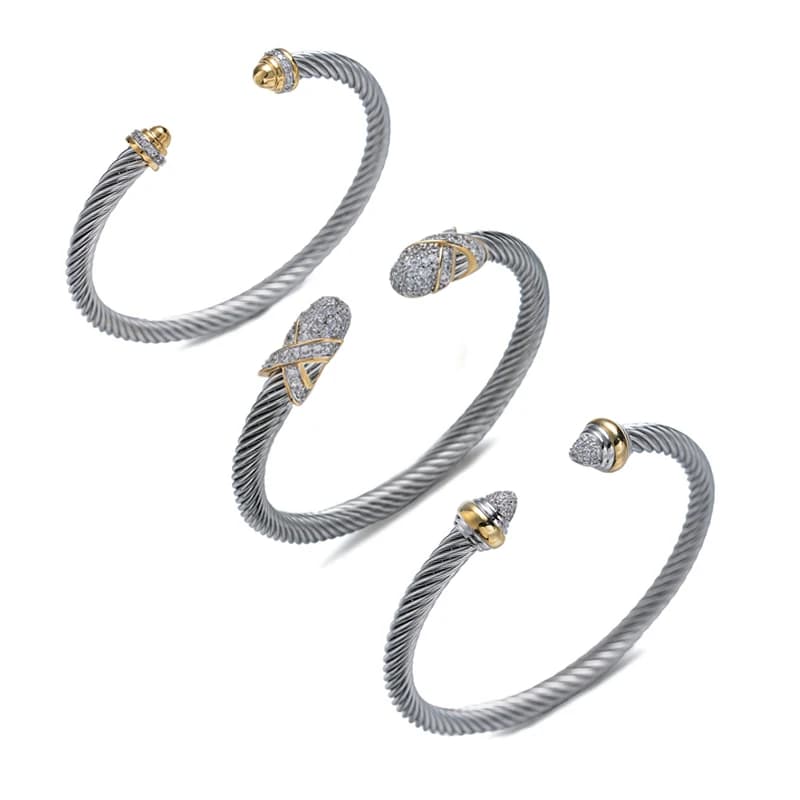 Unique X Design Wire Rope Bracelet Stainless Steel Bangle for Women Gold Plated Jewelry Gift Cubic Zirconia Cuff Bracelet