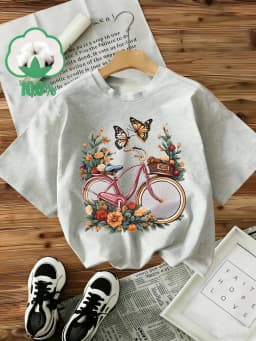 Casual 100% Cotton T-Shirt Women's Y2k Style T-Shirt Graphic Floral Butterfly Bicycle Print Short Sleeve Crew Neck Top Shirt