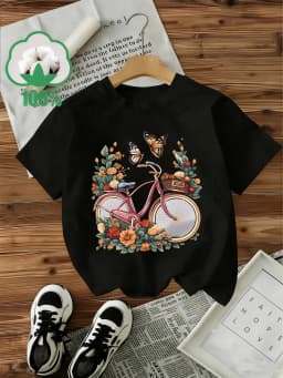 Casual 100% Cotton T-Shirt Women's Y2k Style T-Shirt Graphic Floral Butterfly Bicycle Print Short Sleeve Crew Neck Top Shirt