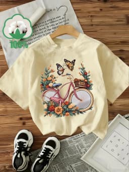 Casual 100% Cotton T-Shirt Women's Y2k Style T-Shirt Graphic Floral Butterfly Bicycle Print Short Sleeve Crew Neck Top Shirt