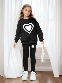 Fashion Girls 2 Pack Heart Graphic Sweatshirt Set Black Crewneck Top & Leggings Street Style Clothing