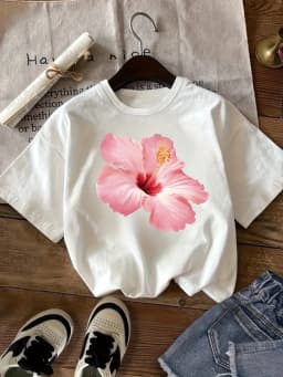 Vintage Pink Hibiscus Flower Graphic T Shirt Women Summer Tropical Floral Print Tee Harajuku Short Sleeve Casual Aesthetic Top