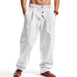 Men's Boho Linen Blend Wide Leg Pants High Waist Drawstring Button Fly Loose Fit Trousers with Side Pockets