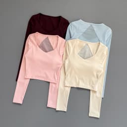 Women Deep V Mesh Back Cutout Crop Long Sleeve Yoga Top Slim Quick Dry Breathable Running Fitness Sports Tee