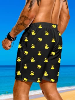 Men's Cute Rubber Duck Print Swim Trunks Quick Dry 2 in 1 Board Shorts Loose Fit Beach Pants for Swimming Surfing Vacation