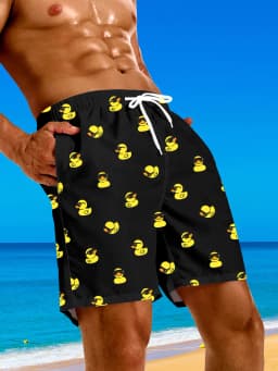 Men's Cute Rubber Duck Print Swim Trunks Quick Dry 2 in 1 Board Shorts Loose Fit Beach Pants for Swimming Surfing Vacation