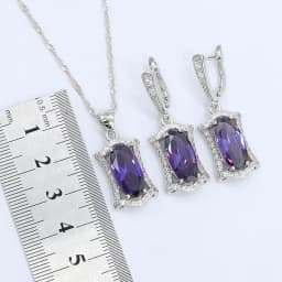 Geometric Purple Zircon Silver Color Wedding Jewelry Sets For Women Necklace Pendant Earrings Rings Bracelet Gift Box