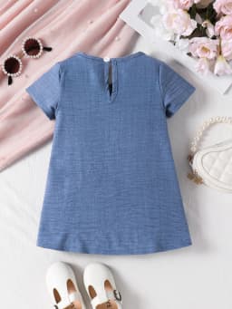 Sweet Style Denim Blue Pleated Hem Big Bow Girls Short Sleeve Dress New Arrival