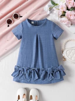 Sweet Style Denim Blue Pleated Hem Big Bow Girls Short Sleeve Dress New Arrival