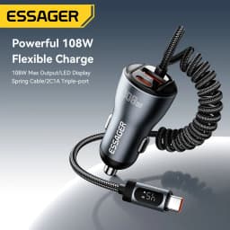 Essager 108W Car Charger with USB-C & USB-A Ports PD QC4.0 Fast Charging Digital Display Spring Cable for iPhone 17 16 15 14pro