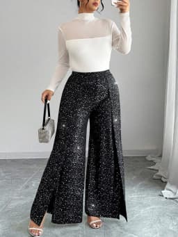 Plus Size Women Wide Leg Pants High Waisted Sequined Side Slit Glitter Pants, Straight Leg Pants, Party Club