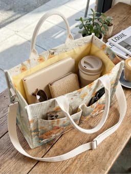 Sleeping Orange Cat Floral Print Corduroy Tote Bag Large Capacity Multi Pocket Commuter Shoulder Bag